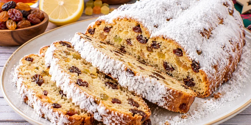 Aufgeschnittener Schüttelstollen mit Rosinen, Zitronat und Puderzucker.