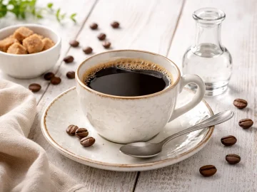 Tasse schwarzer Kaffee mit Kirschwasser auf weißem Holztisch mit rustikalem Geschirr und Dekoration