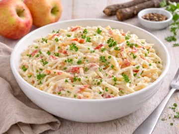 Schwarzwurzelfrischkost mit Apfel und Petersilie in einer weißen Schüssel auf hellem Holzhintergrund