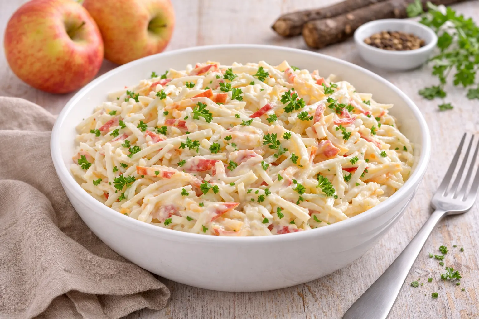 Schwarzwurzelfrischkost mit Apfel und Petersilie in einer weißen Schüssel auf hellem Holzhintergrund