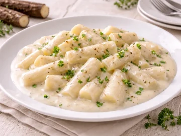 Schwarzwurzelstücke in heller cremiger Sauce mit Kräutern auf weißem Teller