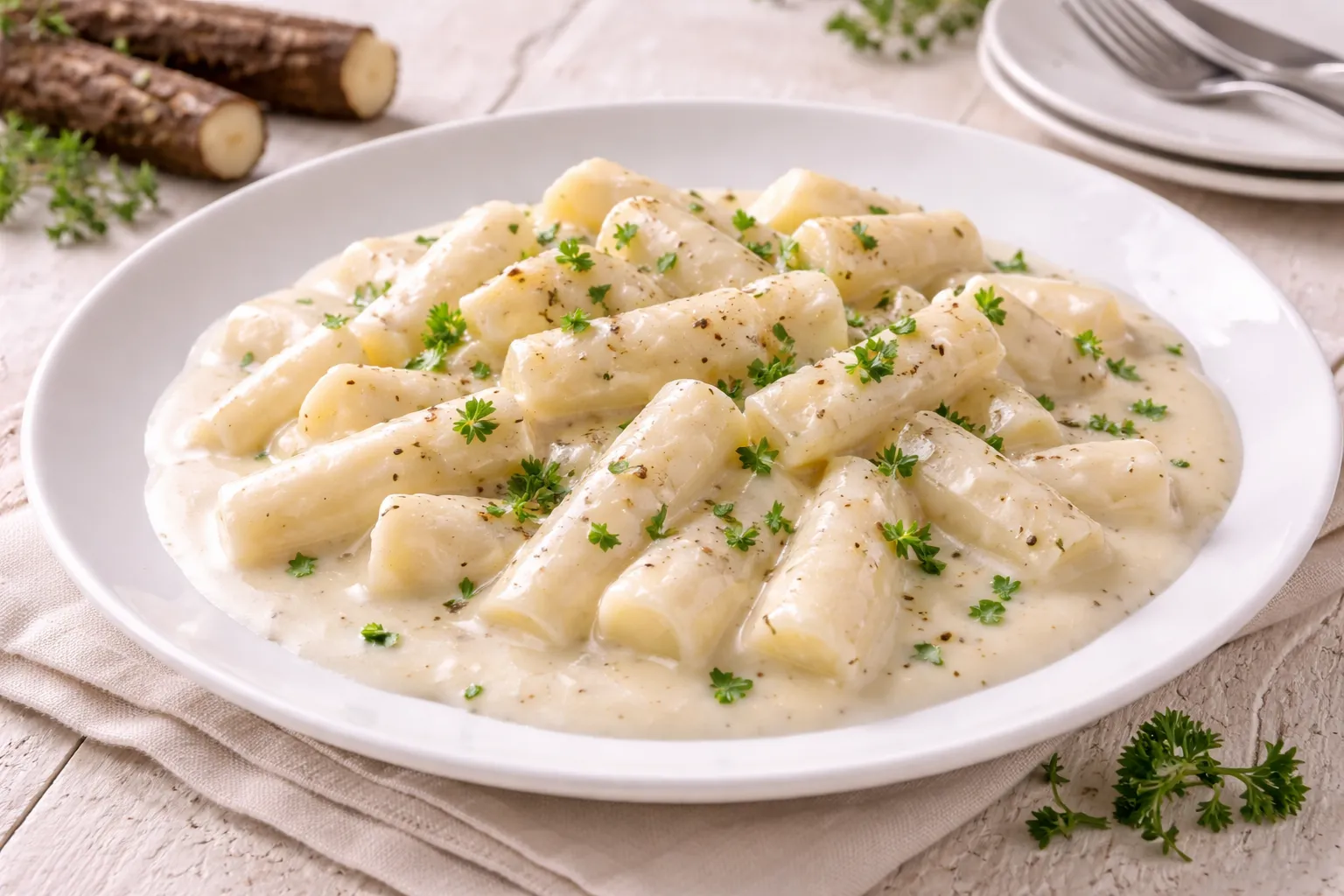 Schwarzwurzelstücke in heller cremiger Sauce mit Kräutern auf weißem Teller