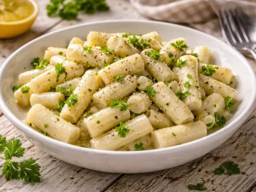 Schwarzwurzeln in weißer Schüssel mit Petersilie auf rustikalem Holztisch angerichtet