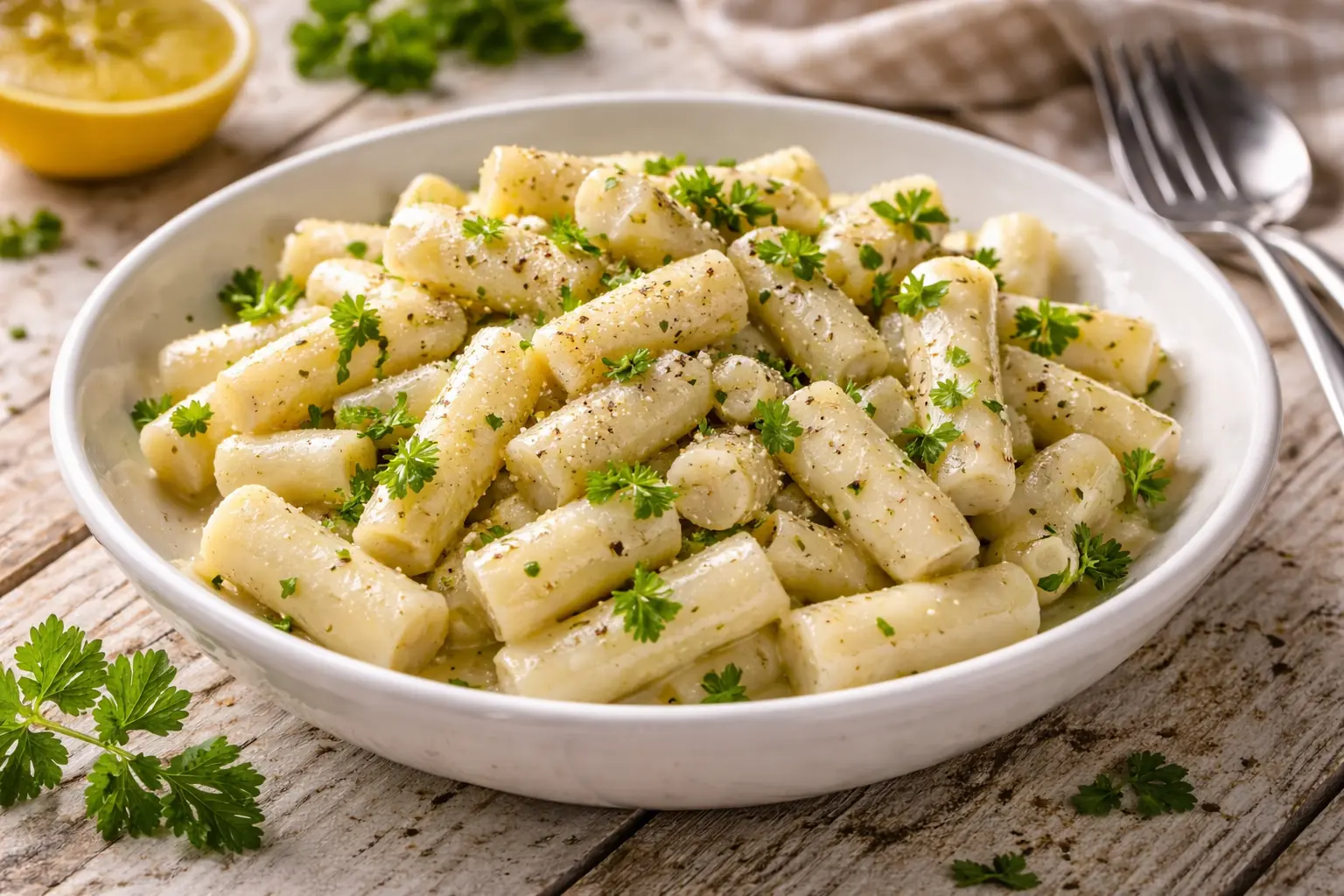 Schwarzwurzeln in weißer Schüssel mit Petersilie auf rustikalem Holztisch angerichtet