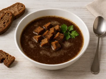 Schwedische Biersuppe mit Schwarzbrot, Bier und Gewürzen in weißem Teller serviert