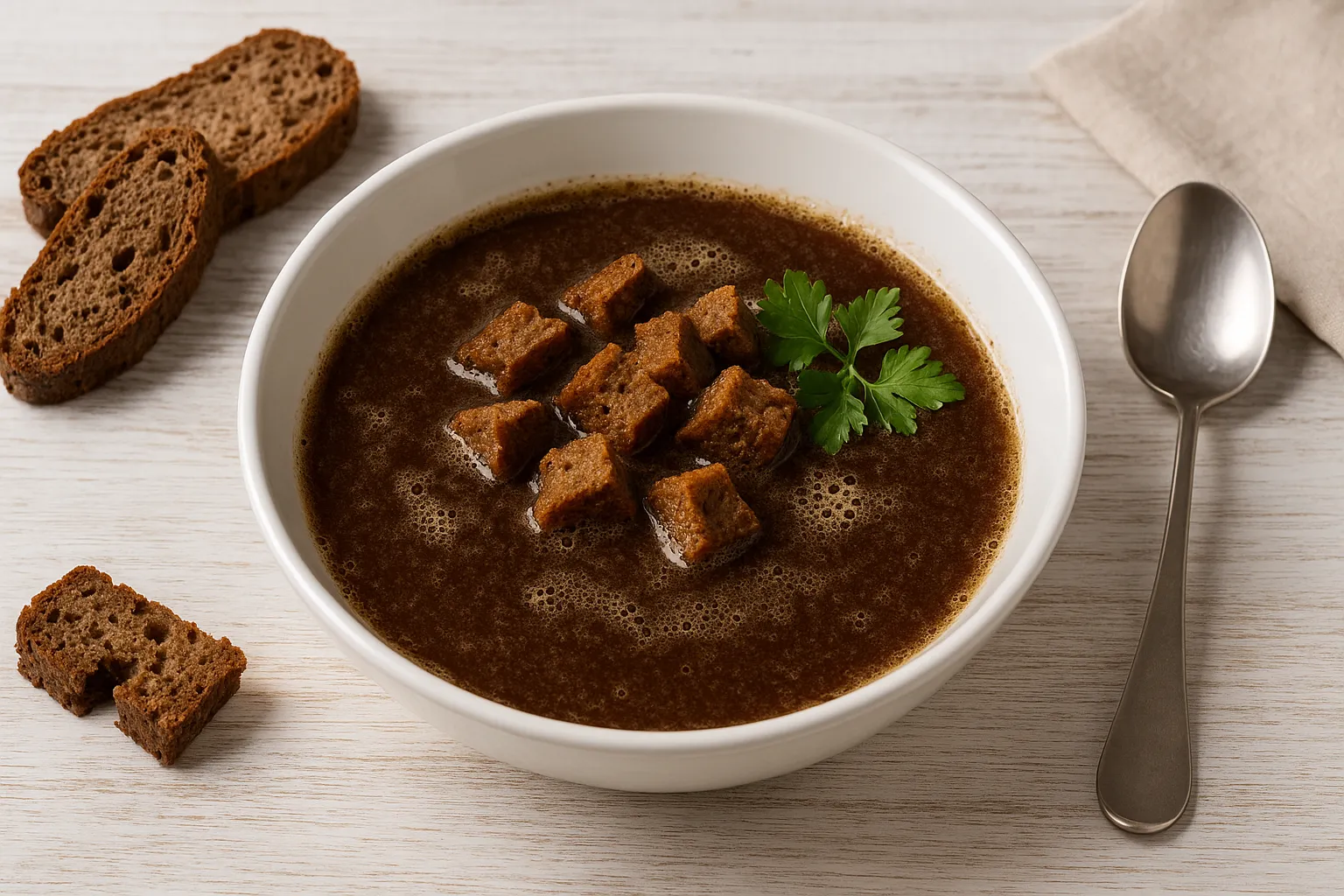 Schwedische Biersuppe mit Schwarzbrot, Bier und Gewürzen in weißem Teller serviert