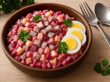 Schwedischer Heringssalat mit Rote Bete, Kartoffeln, Hering, Äpfeln und Eierscheiben in rustikaler Schüssel serviert