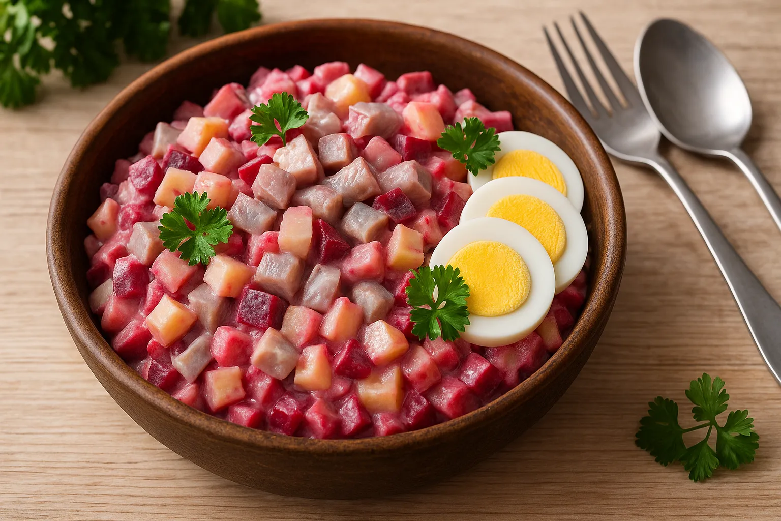 Schwedischer Heringssalat mit Rote Bete, Kartoffeln, Hering, Äpfeln und Eierscheiben in rustikaler Schüssel serviert
