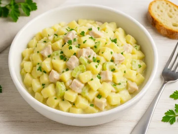 Schwedischer Kartoffelsalat mit Kartoffeln, Sellerie, Geflügel und Mayonnaise in einer weißen Schüssel