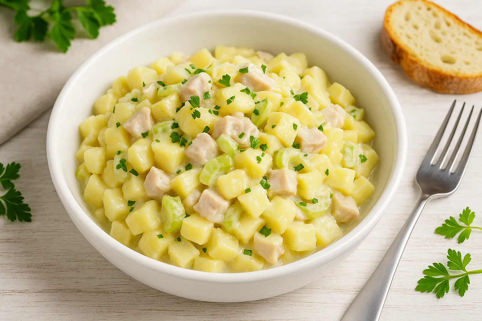 Schwedischer Kartoffelsalat mit Kartoffeln, Sellerie, Geflügel und Mayonnaise in einer weißen Schüssel