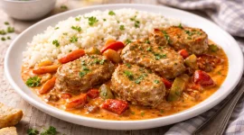 Zarte Schweinefilets in cremiger Paprikasoße auf weißem Teller mit Reis auf rustikalem Holztisch angerichtet