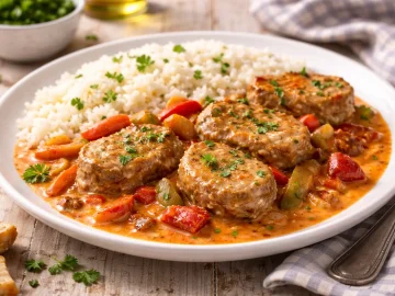 Zarte Schweinefilets in cremiger Paprikasoße auf weißem Teller mit Reis auf rustikalem Holztisch angerichtet