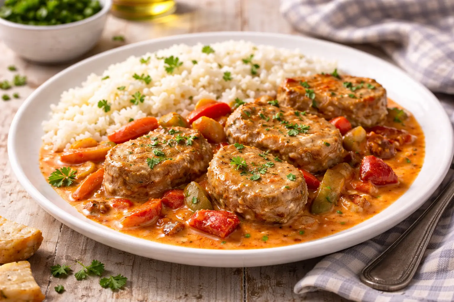 Zarte Schweinefilets in cremiger Paprikasoße auf weißem Teller mit Reis auf rustikalem Holztisch angerichtet