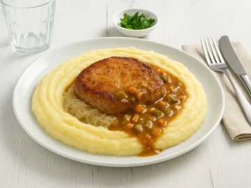Schweinekammsteak Meißner Art mit Kartoffelmus und Sauerkraut auf Teller angerichtet, überzogen mit würziger Soße