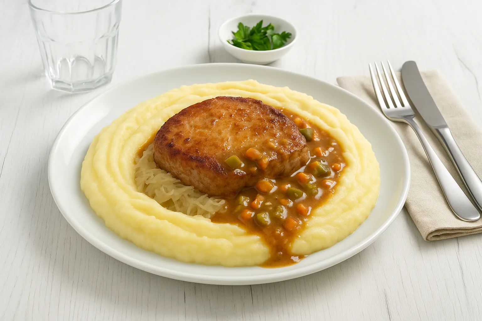 Schweinekammsteak Meißner Art mit Kartoffelmus und Sauerkraut auf Teller angerichtet, überzogen mit würziger Soße