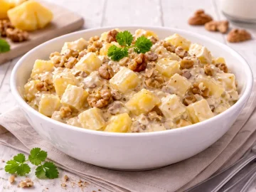 Weiße Schale mit Schweizer Käsesalat aus Käsewürfeln, Ananas und Nüssen auf weißem Holzhintergrund mit sichtbarer Maserung