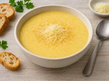 Schweizer Käsesuppe in weißer Schüssel mit geriebenem Käse und Muskat auf hellem Holztisch mit Besteck und Deko