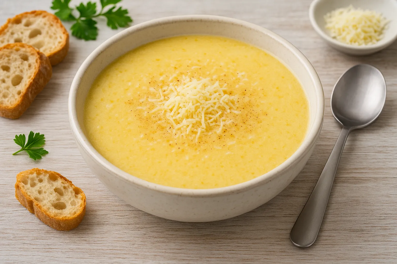 Schweizer Käsesuppe in weißer Schüssel mit geriebenem Käse und Muskat auf hellem Holztisch mit Besteck und Deko