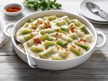 Schüssel mit Schweizer Porreegericht in cremiger Soße auf weißem Holzuntergrund