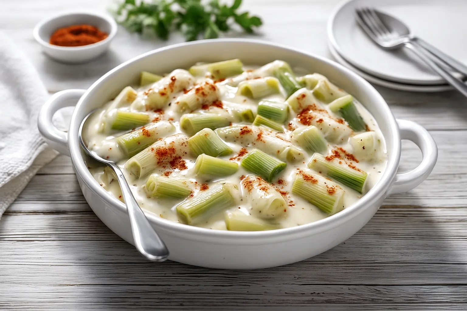 Schüssel mit Schweizer Porreegericht in cremiger Soße auf weißem Holzuntergrund