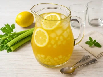 Glaskrug mit Selleriebowle, dekoriert mit Zitronenscheiben und Eiswürfeln, auf weißem Holztisch mit frischem Sellerie