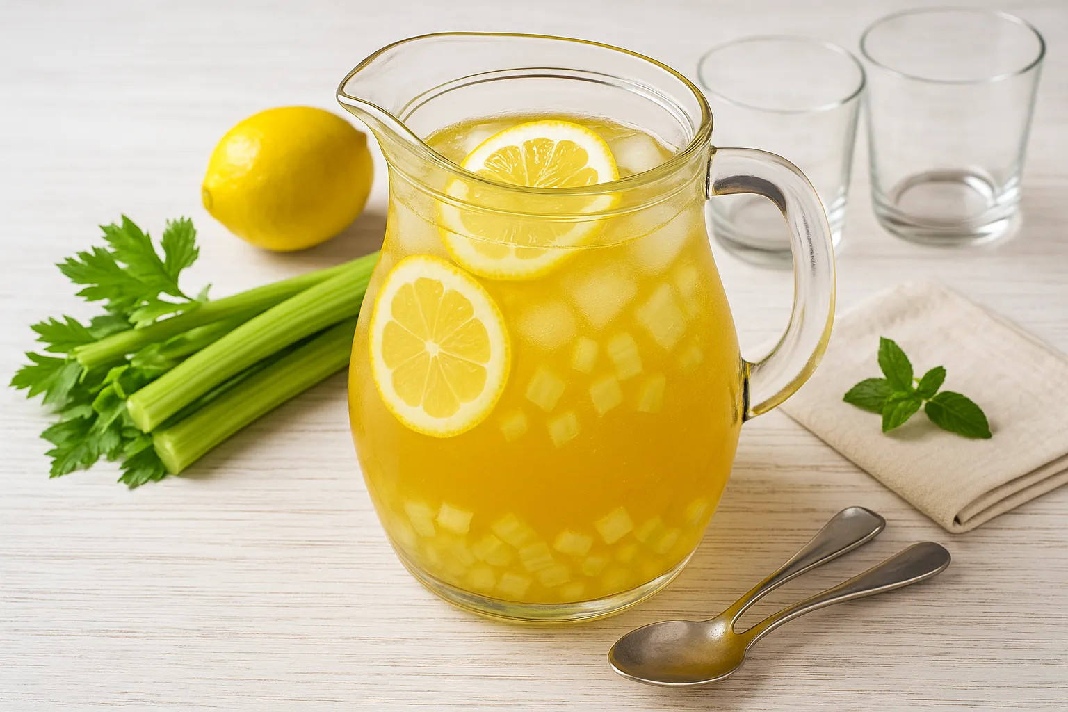 Glaskrug mit Selleriebowle, dekoriert mit Zitronenscheiben und Eiswürfeln, auf weißem Holztisch mit frischem Sellerie