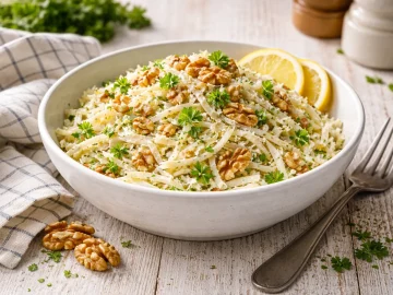 Selleriefrischkost mit Nüssen und Petersilie in weißer Schüssel auf rustikalem weißen Holztisch angerichtet