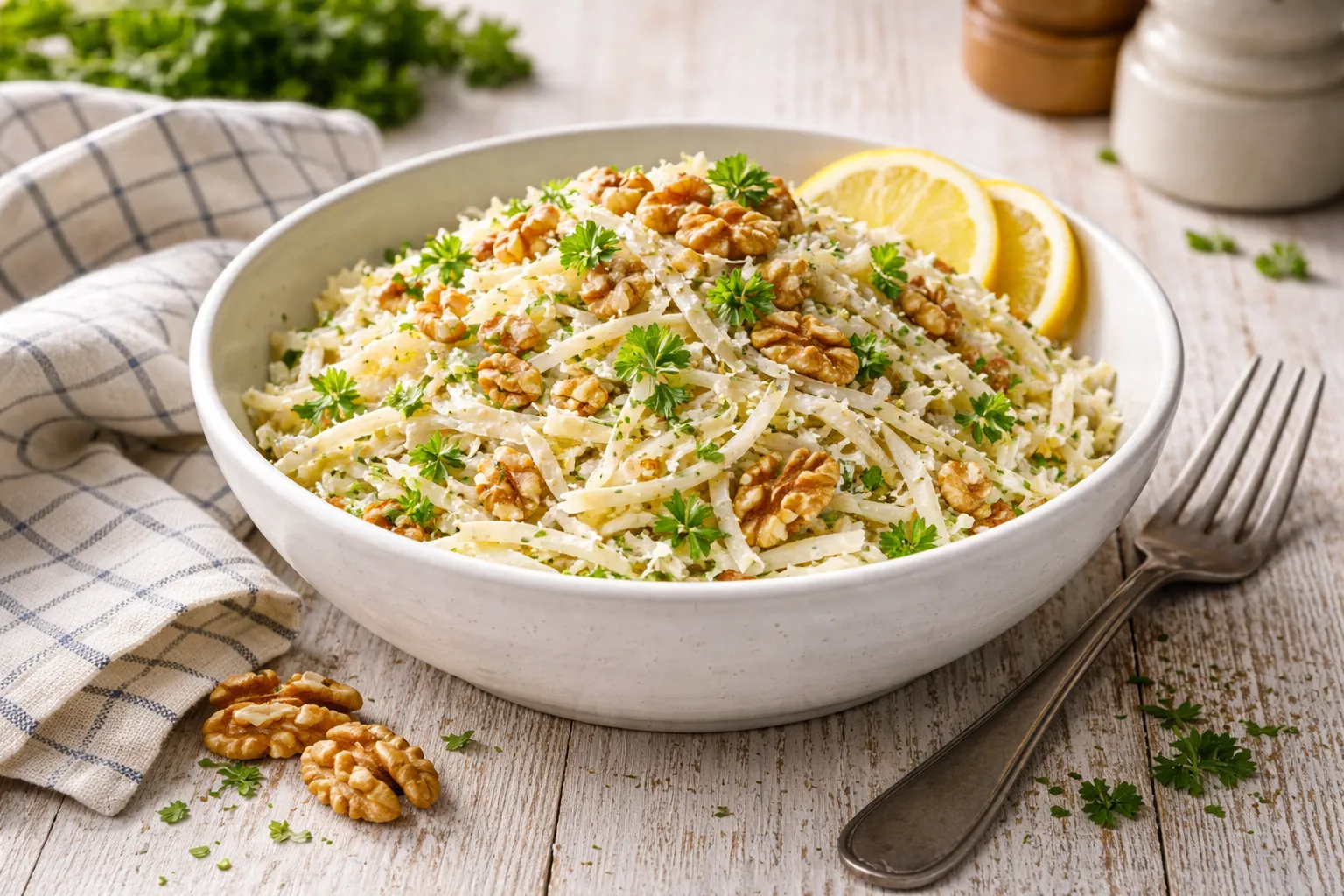 Selleriefrischkost mit Nüssen und Petersilie in weißer Schüssel auf rustikalem weißen Holztisch angerichtet