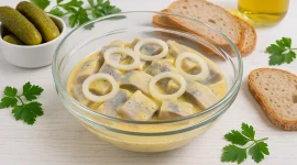 Glas-Schüssel mit Senf-Öl-Hering und Zwiebelringen auf weißem Holz angerichtet