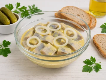 Glas-Schüssel mit Senf-Öl-Hering und Zwiebelringen auf weißem Holz angerichtet