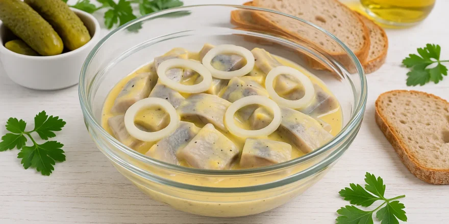 Glas-Schüssel mit Senf-Öl-Hering und Zwiebelringen auf weißem Holz angerichtet