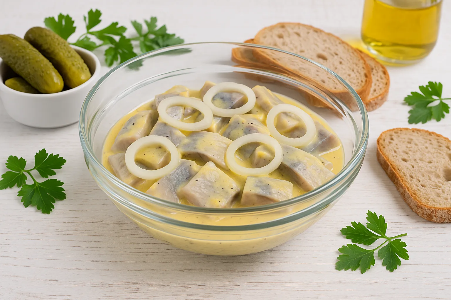 Glas-Schüssel mit Senf-Öl-Hering und Zwiebelringen auf weißem Holz angerichtet