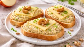 Weißbrot mit Senfapfelaufstrich, Käse und Nuss auf hellem Holztisch