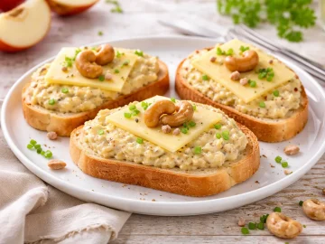 Weißbrot mit Senfapfelaufstrich, Käse und Nuss auf hellem Holztisch