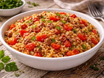 Tomatenreis mit Speck und Kräutern auf weißem Teller rustikaler Holztisch