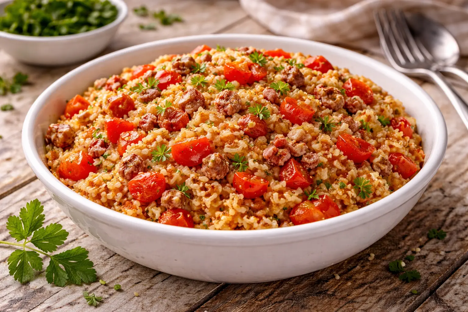 Tomatenreis mit Speck und Kräutern auf weißem Teller rustikaler Holztisch