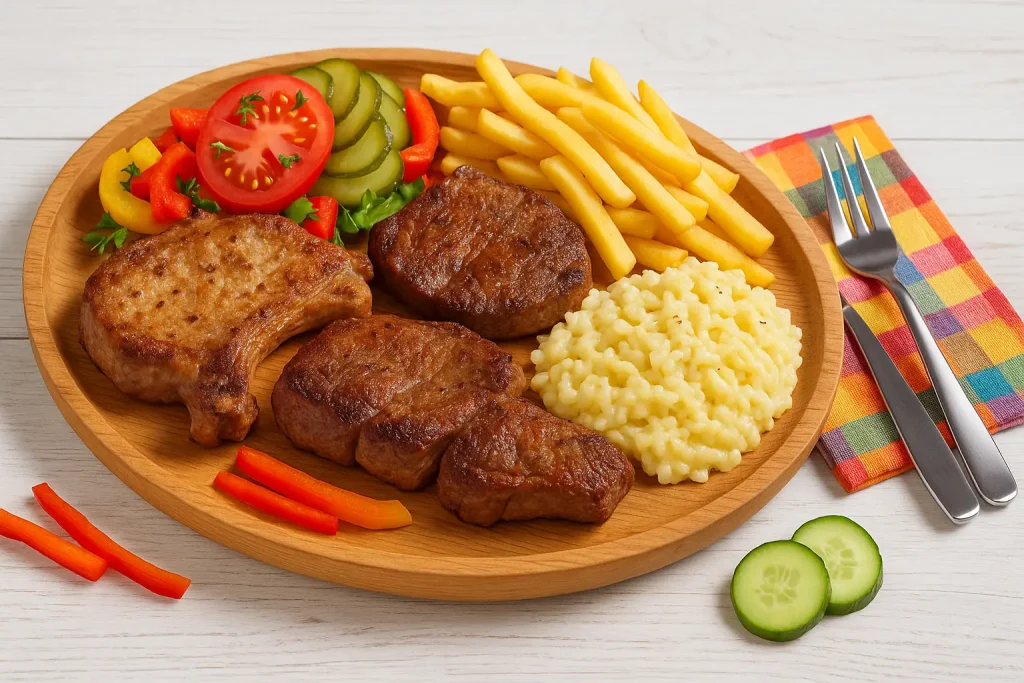  Gegrilltes Siebenbürger Holzplattenfleisch mit Pommes, Risotto und scharfem Salat, serviert auf Holzteller mit Paprika und Gurke auf weißem Holztisch.