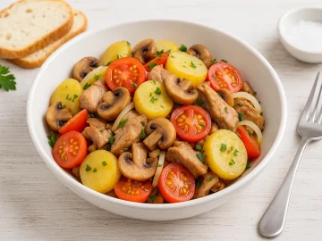 Siedler-Kartoffelsalat mit Kaninchenfleisch, Pilzen, Kartoffeln und Tomaten in einer weißen Schüssel auf Holzuntergrund