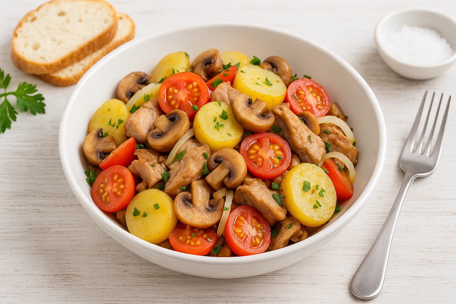 Siedler-Kartoffelsalat mit Kaninchenfleisch, Pilzen, Kartoffeln und Tomaten in einer weißen Schüssel auf Holzuntergrund