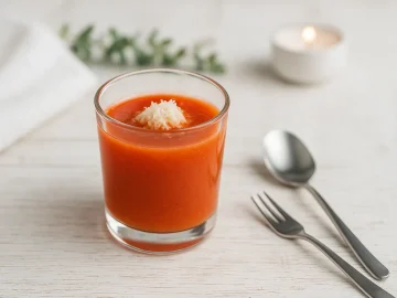 Glas mit Silvester-Oyster Cocktail, bestehend aus Eigelb, Tomatenmark und Meerrettich, serviert auf weißem Holzhintergrund