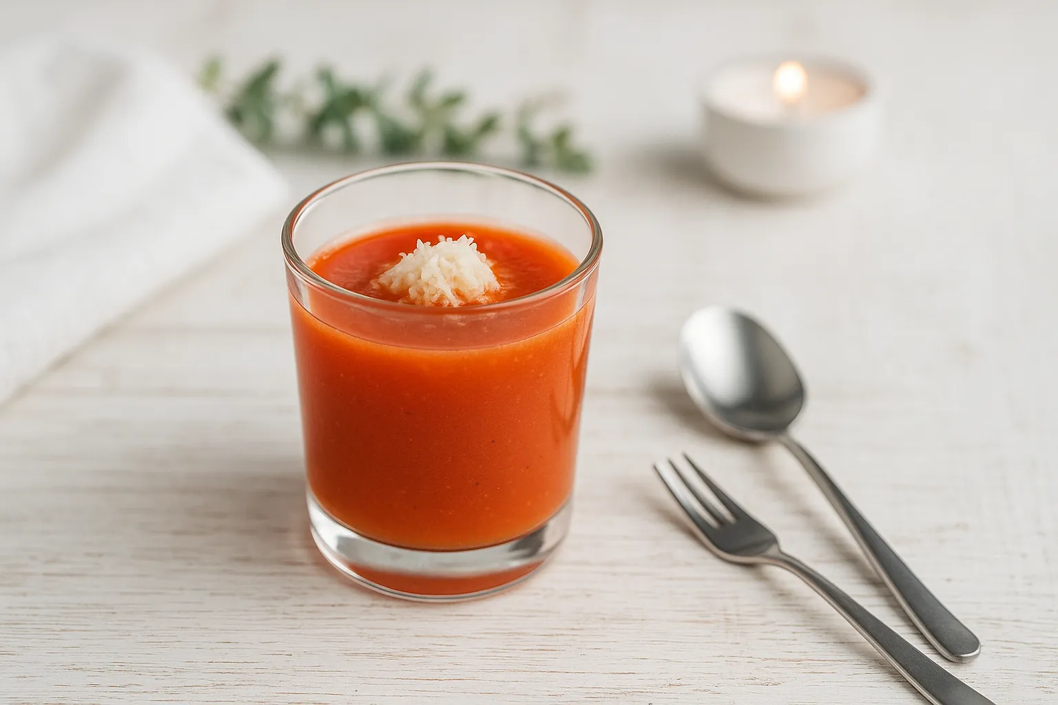 Glas mit Silvester-Oyster Cocktail, bestehend aus Eigelb, Tomatenmark und Meerrettich, serviert auf weißem Holzhintergrund