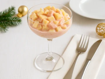 Sektkelch gefüllt mit Silvestersalat aus Ananas, Apfel, Sahne und Mayonnaise, dekorativ serviert