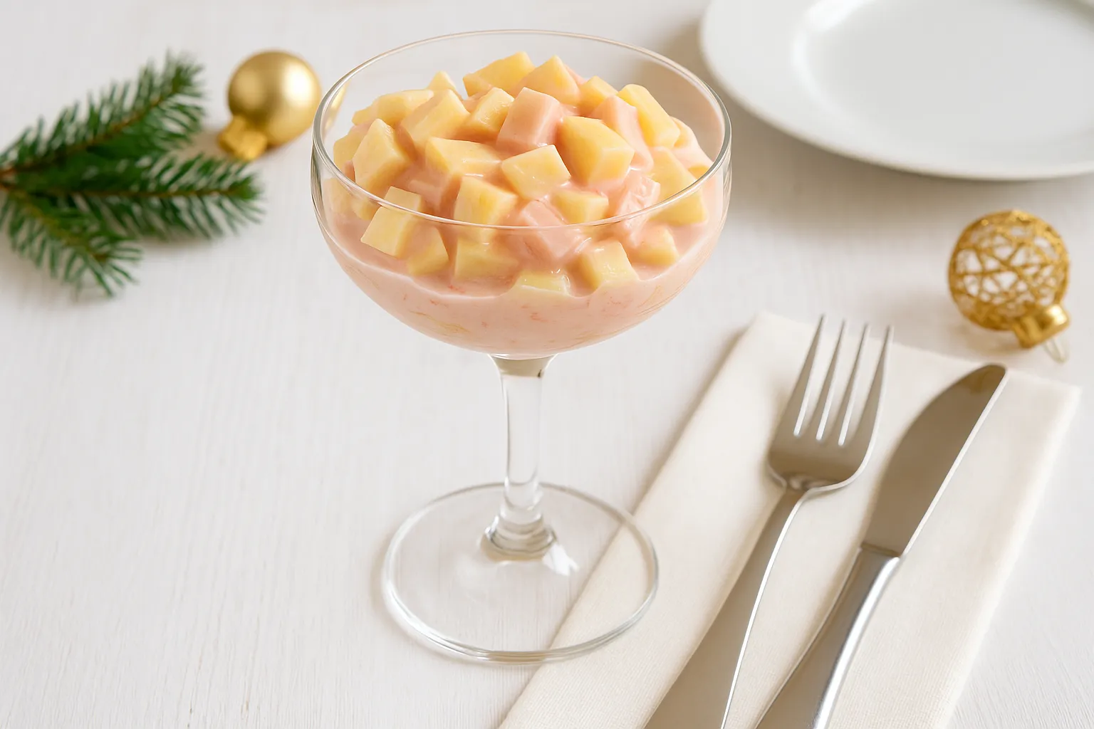 Sektkelch gefüllt mit Silvestersalat aus Ananas, Apfel, Sahne und Mayonnaise, dekorativ serviert