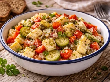 Skatsalat mit Limburger Käse Gurken Tomaten und Kapern in alter Emaille Schüssel auf Holztisch