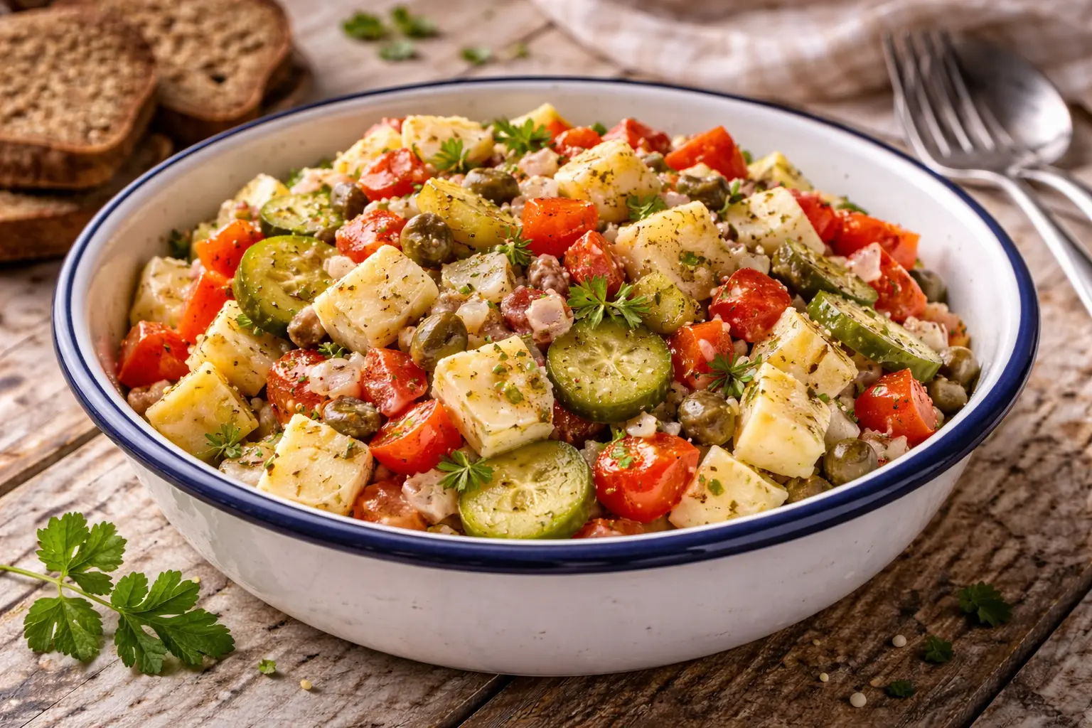 Skatsalat mit Limburger Käse Gurken Tomaten und Kapern in alter Emaille Schüssel auf Holztisch