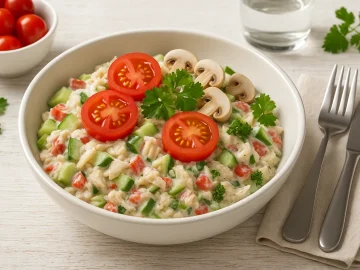 Sommerlicher Fischsalat mit Fischfilet, Tomaten, Gurken, Zwiebeln und cremiger Sauce in einer weißen Schüssel serviert