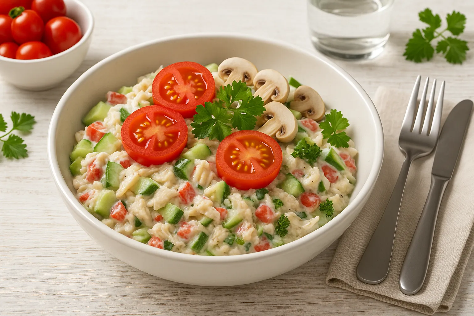 Sommerlicher Fischsalat mit Fischfilet, Tomaten, Gurken, Zwiebeln und cremiger Sauce in einer weißen Schüssel serviert