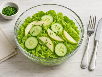 Moderne Glasschüssel mit Sommersalat aus Gurken, Birnen, Blattsalat und Schnittlauch auf weißem Holzhintergrund