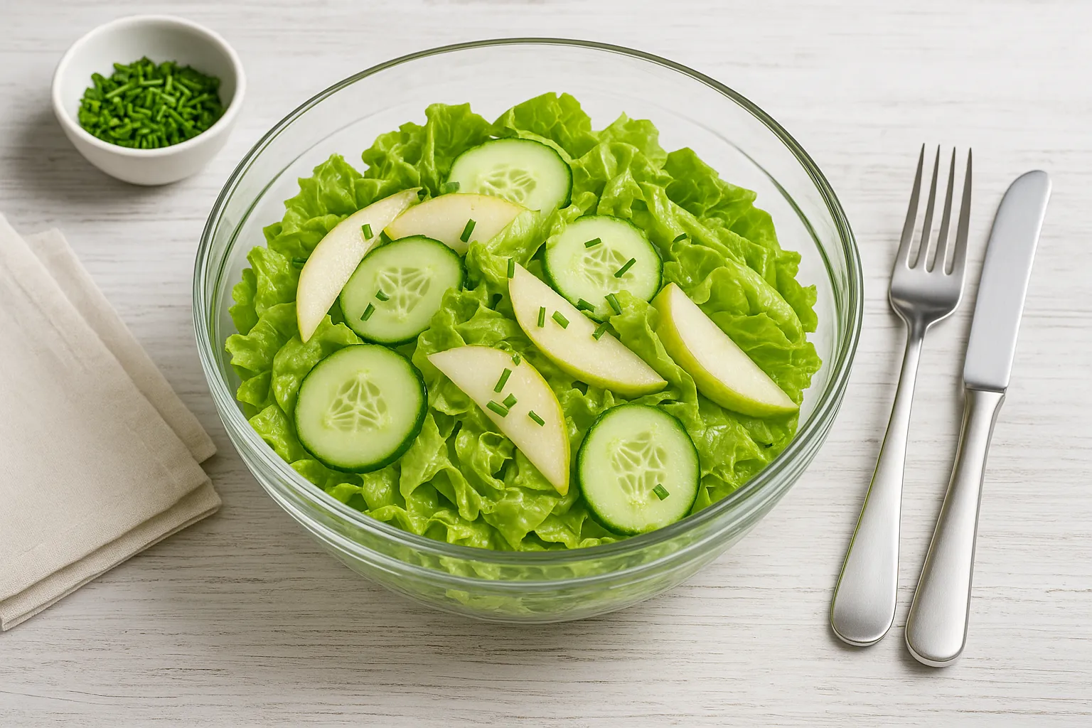 Moderne Glasschüssel mit Sommersalat aus Gurken, Birnen, Blattsalat und Schnittlauch auf weißem Holzhintergrund