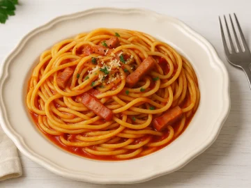 Teller mit Spaghetti auf italienische Art, angerichtet mit Mortadella, Tomatenmark und Käse auf weißem Holzhintergrund